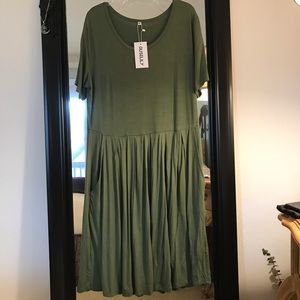 Pleated loose swing casual t-shirt dress w/pockets